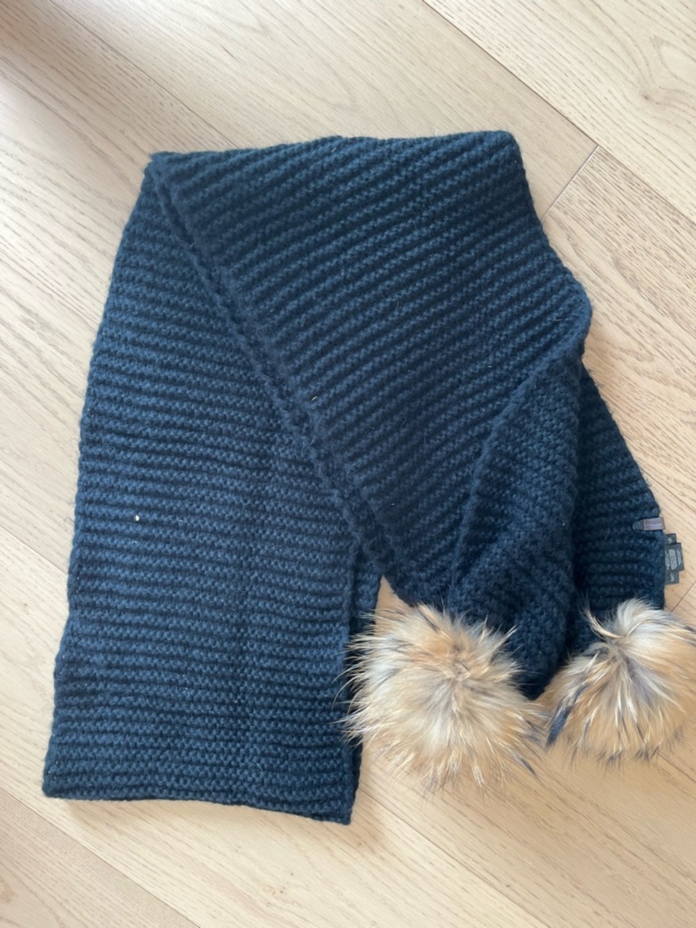 RUDSAK Black Knit Scarf with Real Fur Pom Poms